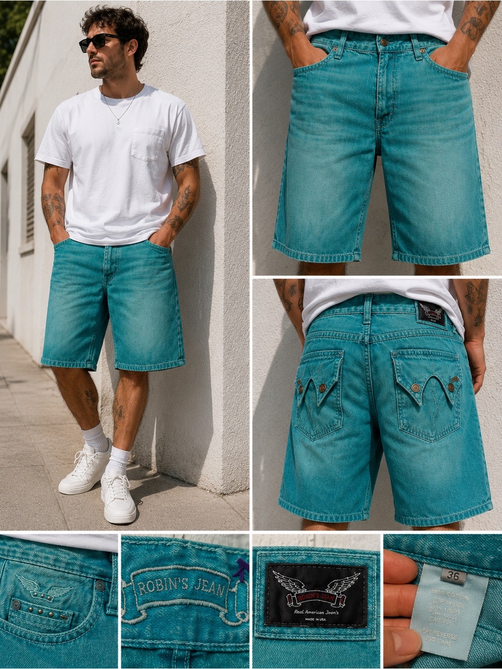 Robin’s Jeans Turquoise Denim Shorts Men’s Size 36 Y2K Flap Pocket Studded USA